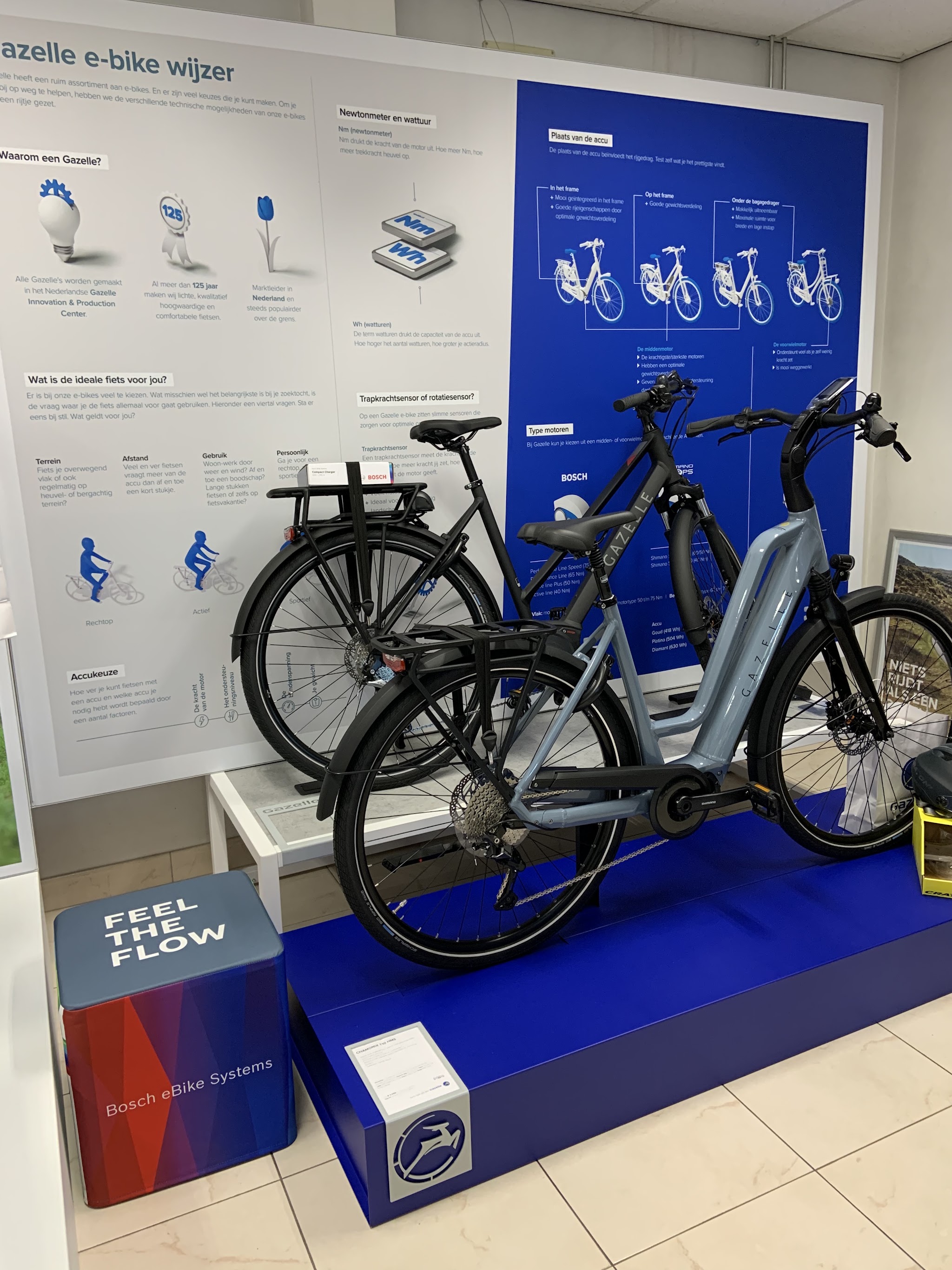 De Gazelle e-bike wijzer in de winkel, met twee e-bikes op het blauwe podium